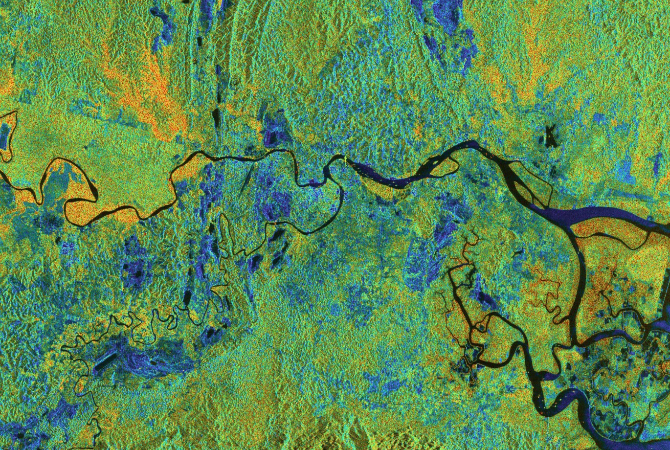False-colour satellite image of the Berau River delta, East Kalimantan (Borneo), Indonesia. Credit: ESA