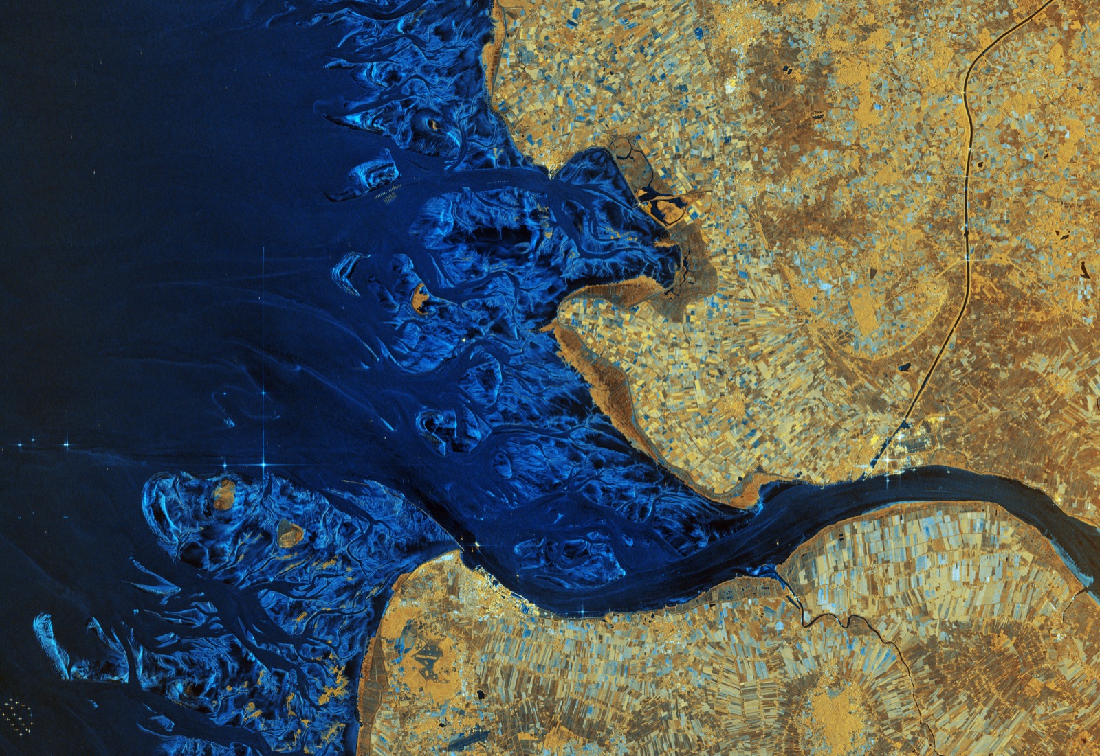Elbe River delta, captured by Copernicus Sentinel-1D radar. Contains modified Copernicus Sentinel data (2025), processed by ESA.
