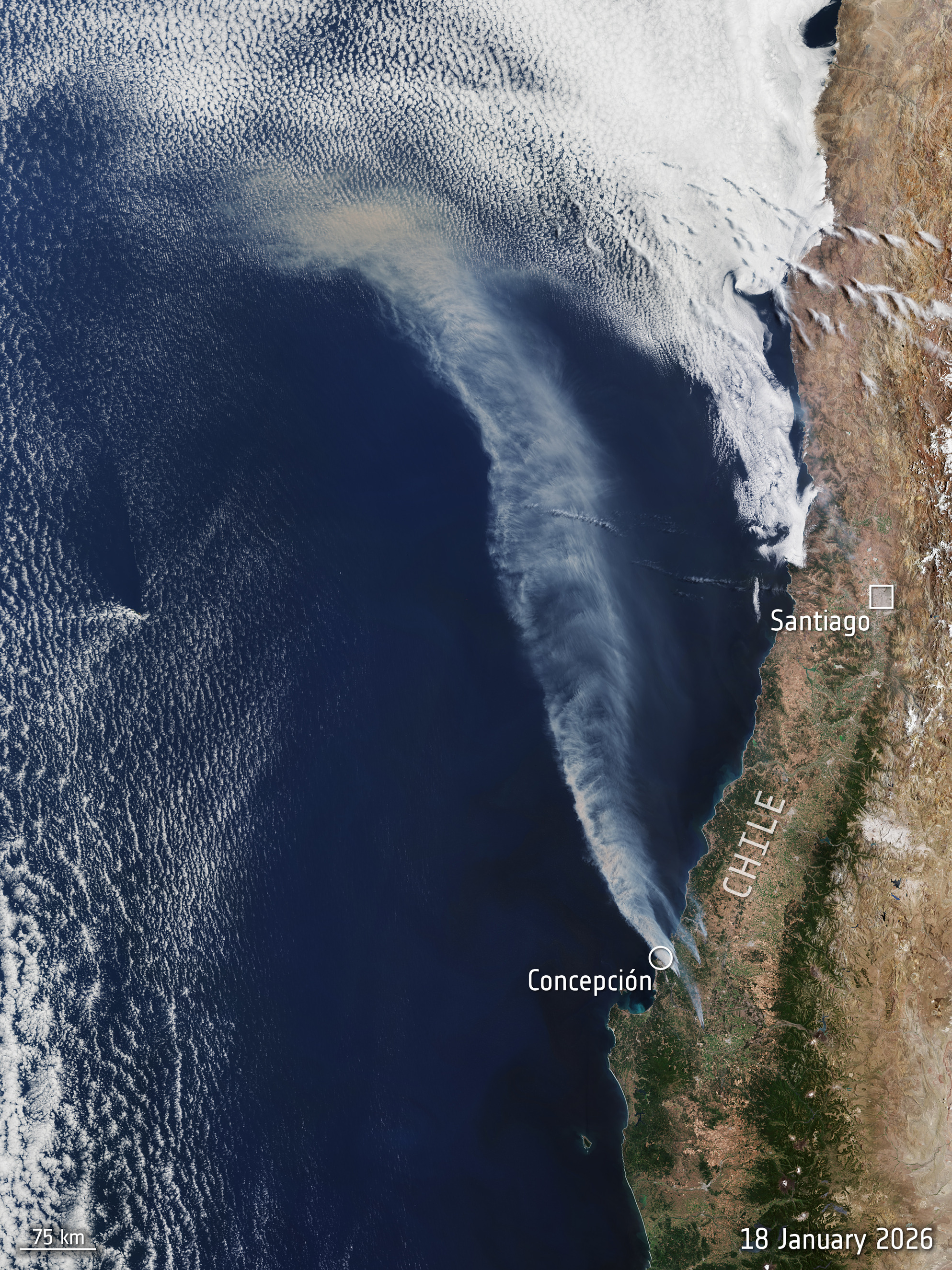 Smoke plumes from wildfires in Chile, seen by the Copernicus Sentinel-3 satellite. Credit: ESA
